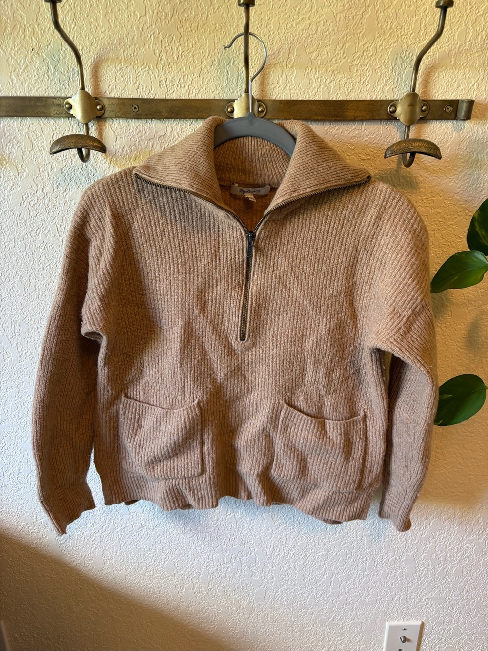 Madewell Zip-Neck tan wool Sweater
